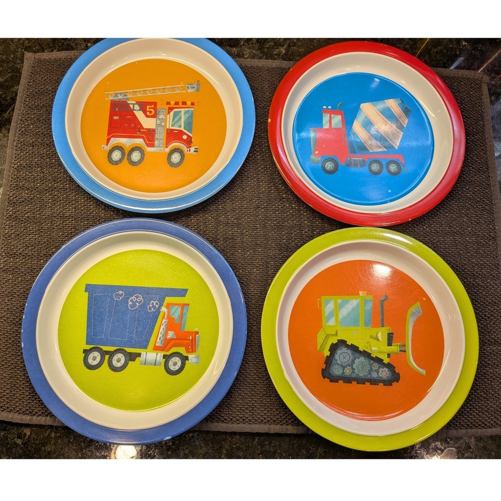 4pc Crocodile Creek Melamine Plate Set Construction Trucks Kids Cottagecore